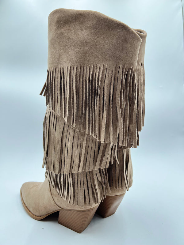 Dark Beige Fringe Faux Suede Cowboy Boots in Dark Beige / 36/3 - HL London