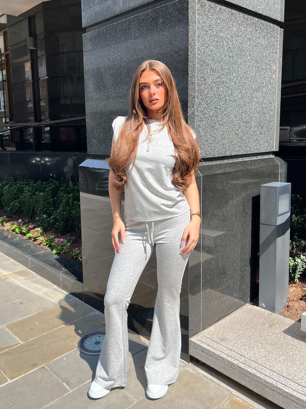 Grey Shoulder Pad Top & Boot Cut Trouser Co Ord