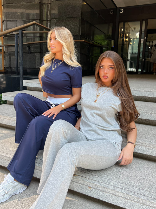 Grey Shoulder Pad Top & Boot Cut Trouser Co Ord