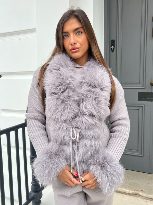 Grey Premium Faux Fur Trimmed Cardigan