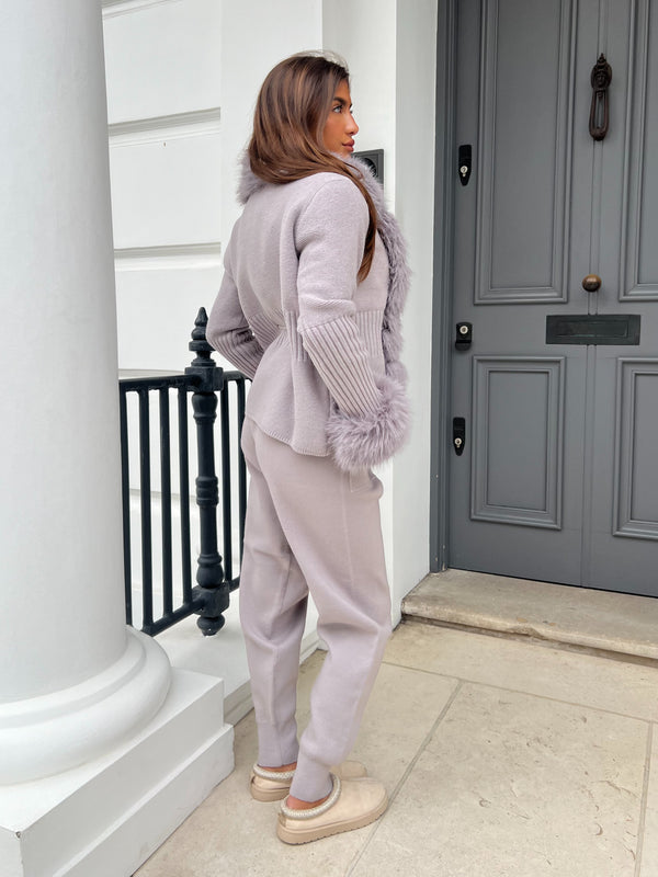 Grey Premium Faux Fur Trimmed Cardigan