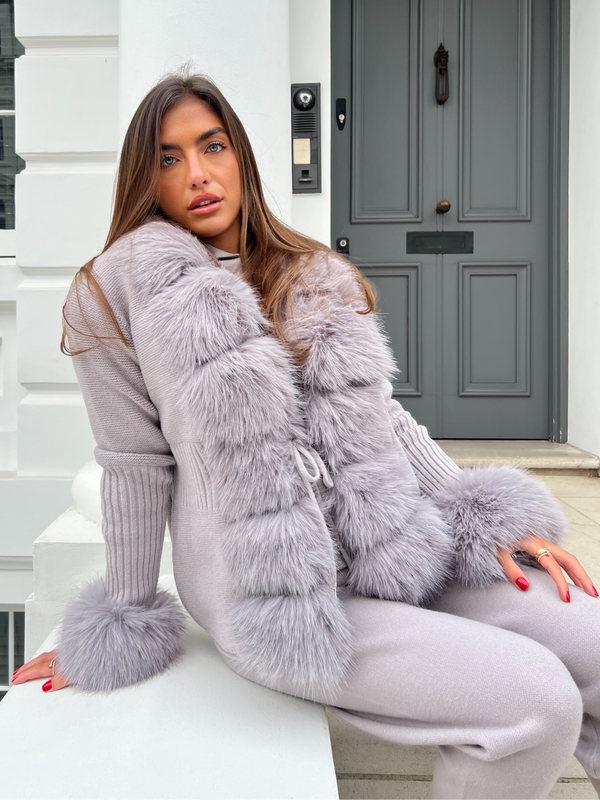 Grey Premium Faux Fur Trimmed Cardigan