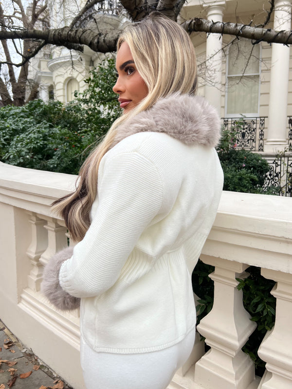 Cream And Beige Premium Faux Fur Trimmed Cardigan