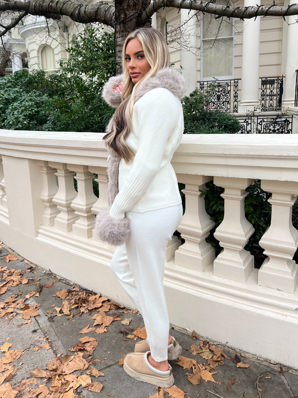Cream And Beige Premium Faux Fur Trimmed Cardigan