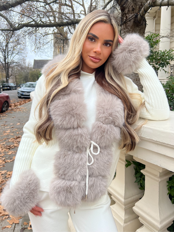 Cream And Beige Premium Faux Fur Trimmed Cardigan