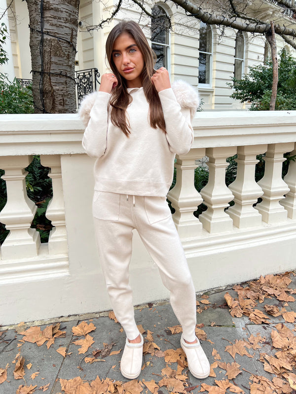 Light Beige Premium Faux Fur Jogger Tracksuit