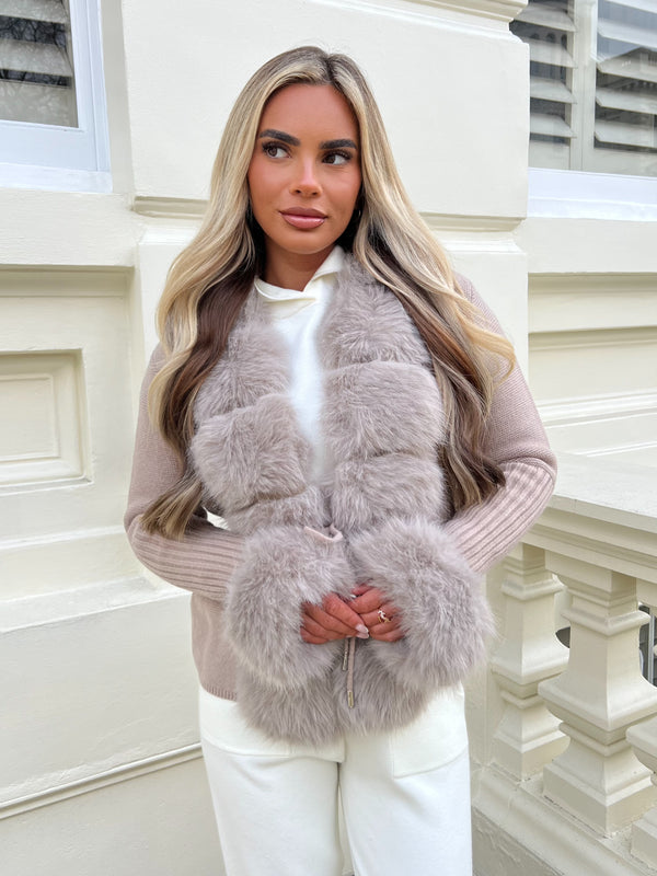 Beige Premium Faux Fur Trimmed Cardigan