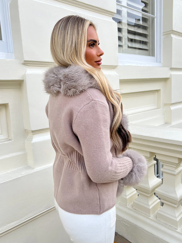 Beige Premium Faux Fur Trimmed Cardigan