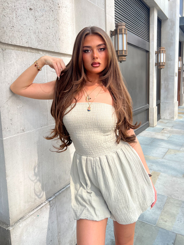 Beige Bandeau Playsuit With Puff Shorts