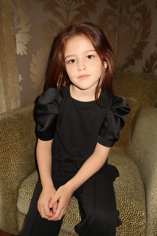 Lauren Goodger & Larose Childrens Black Silky Puff Sleeve Top