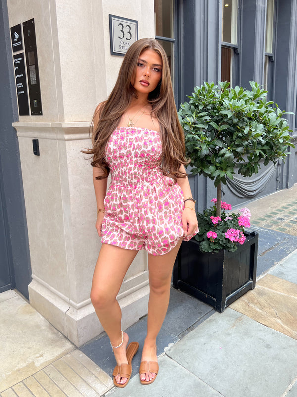 Pink/Taupe Leopard Bandeau Playsuit With Puff Shorts