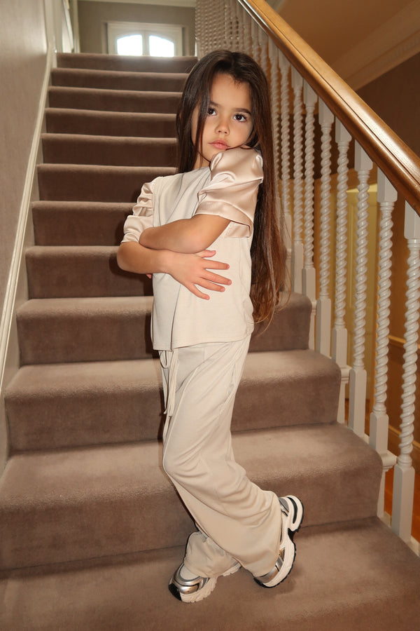 Lauren Goodger & Larose Childrens Beige Silky Puff Sleeve Top