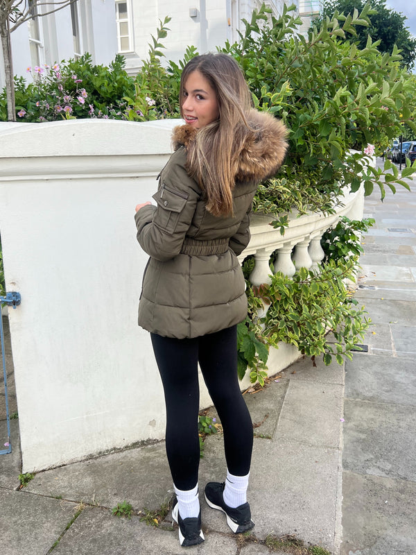 Childrens Khaki Luxury Fur Padded Belted Coat