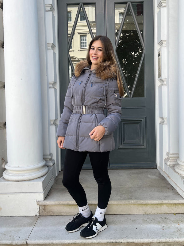 Childrens Grey Luxury Fur Padded Belted Coat