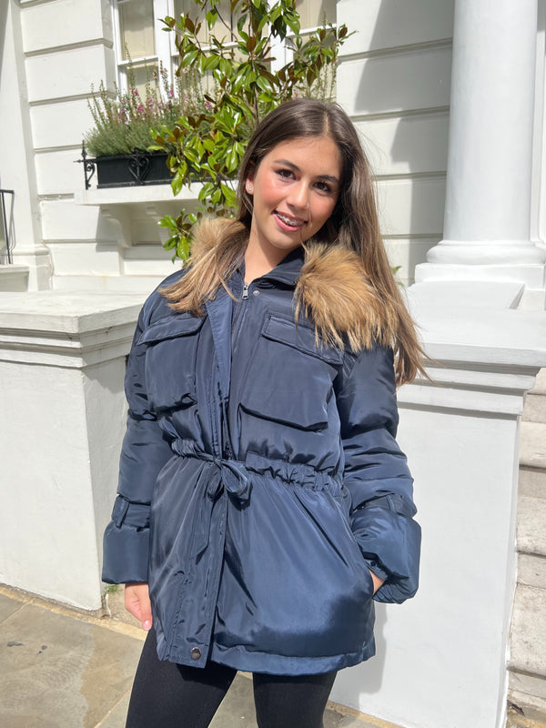 Navy/Natural Drawstring Luxury Fur Padded Belted Coat