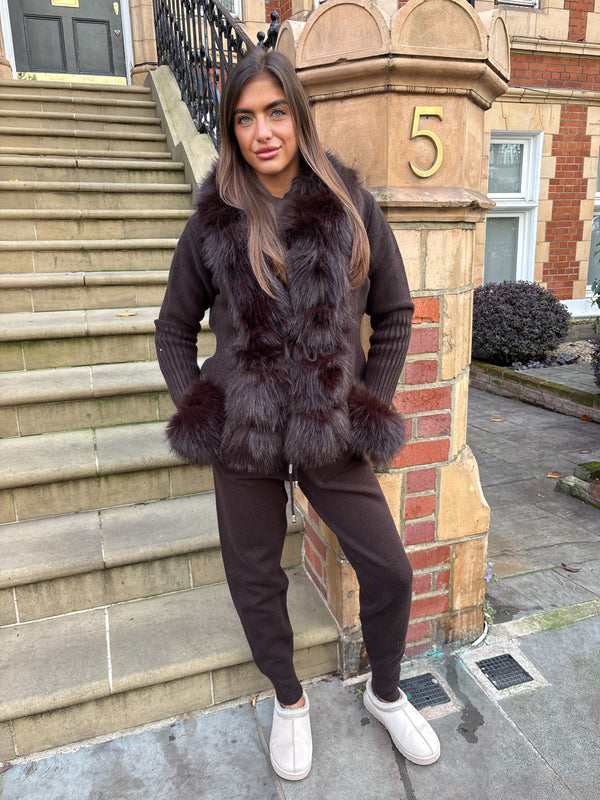 Chocolate Premium Faux Fur Trimmed Cardigan