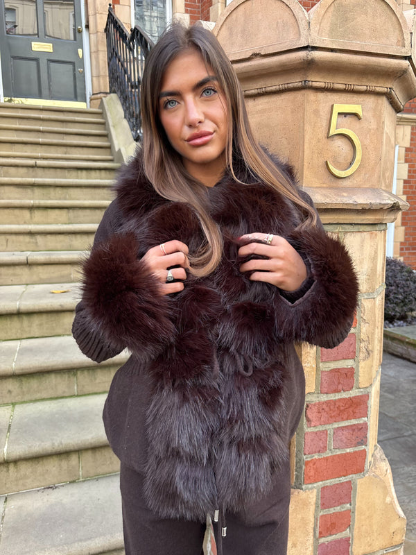 Chocolate Premium Faux Fur Trimmed Cardigan