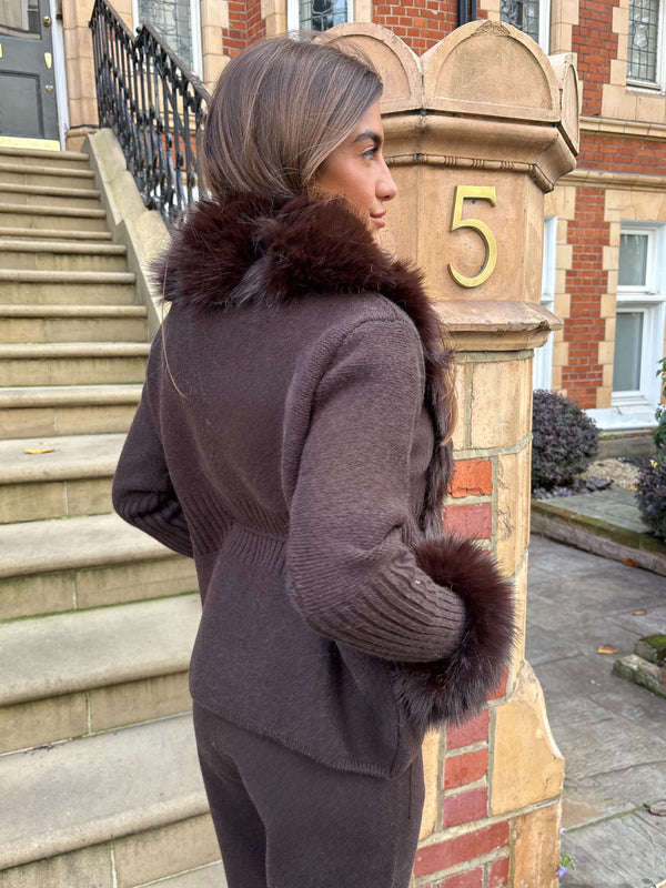 Chocolate Premium Faux Fur Trimmed Cardigan
