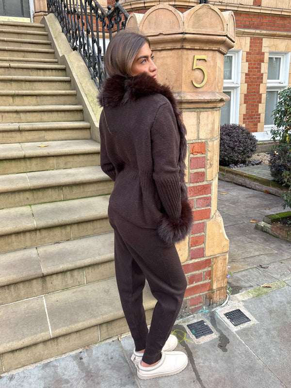 Chocolate Premium Faux Fur Trimmed Cardigan