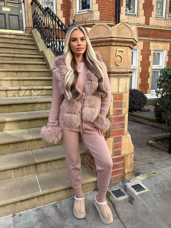 Taupe Premium Faux Fur Trimmed Cardigan