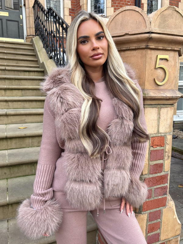 Taupe Premium Faux Fur Trimmed Cardigan