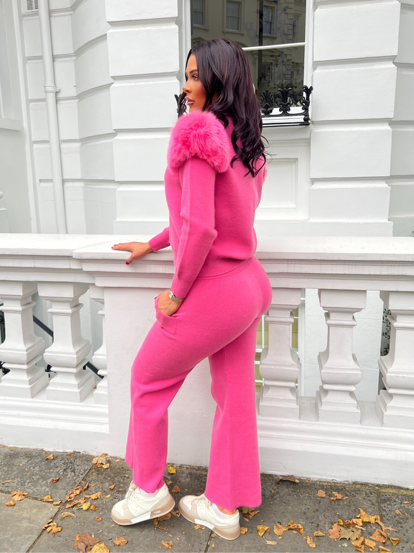 Hot Pink Luxury Fur Roll Neck Wide Leg Tracksuit