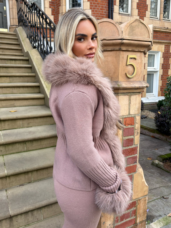 Taupe Premium Faux Fur Trimmed Cardigan