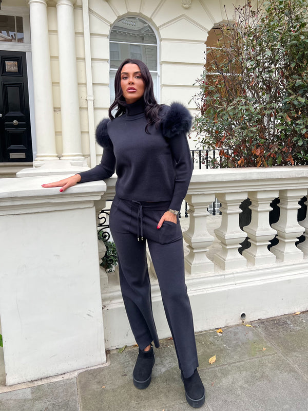 Charcoal Luxury Fur Roll Neck Wide Leg Tracksuit