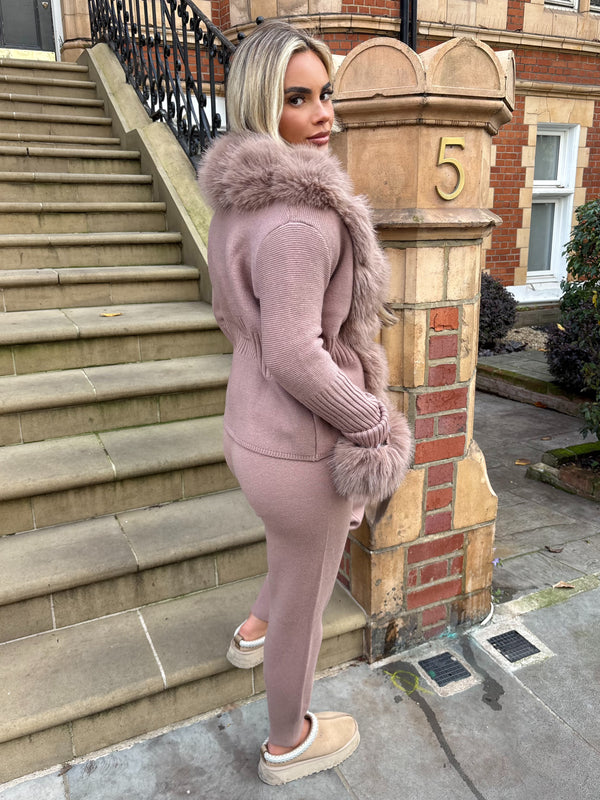Taupe Premium Faux Fur Trimmed Cardigan