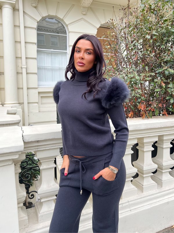Charcoal Luxury Fur Roll Neck Wide Leg Tracksuit