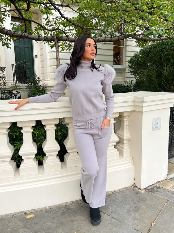 Light Grey Luxury Fur Roll Neck Wide Leg Tracksuit