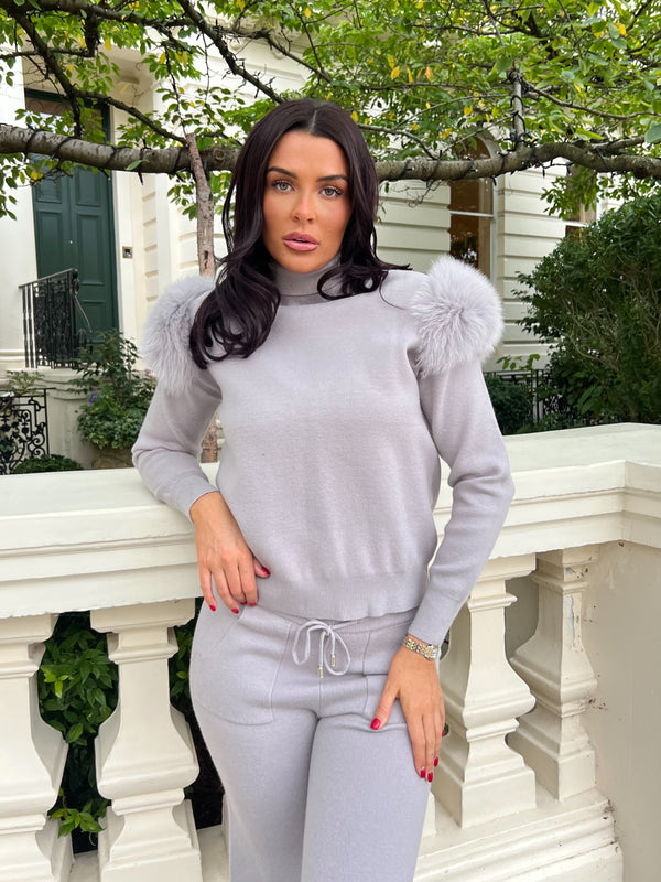 Light Grey Luxury Fur Roll Neck Wide Leg Tracksuit