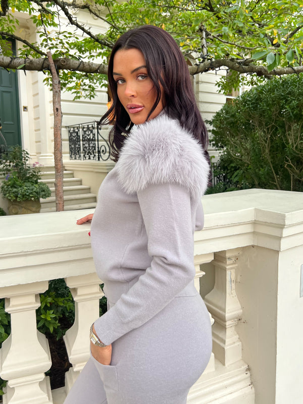 Light Grey Luxury Fur Roll Neck Wide Leg Tracksuit