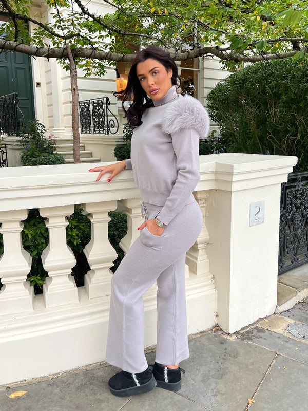 Light Grey Luxury Fur Roll Neck Wide Leg Tracksuit