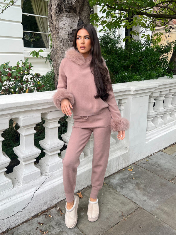 Taupe Luxury Fur Trim Hood & Cuff Jogger Tracksuit