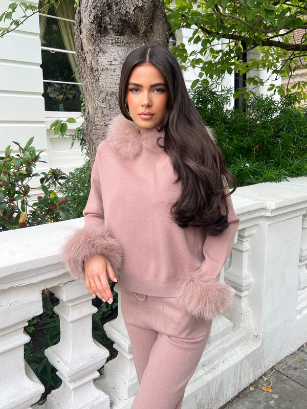 Taupe Luxury Fur Trim Hood & Cuff Jogger Tracksuit