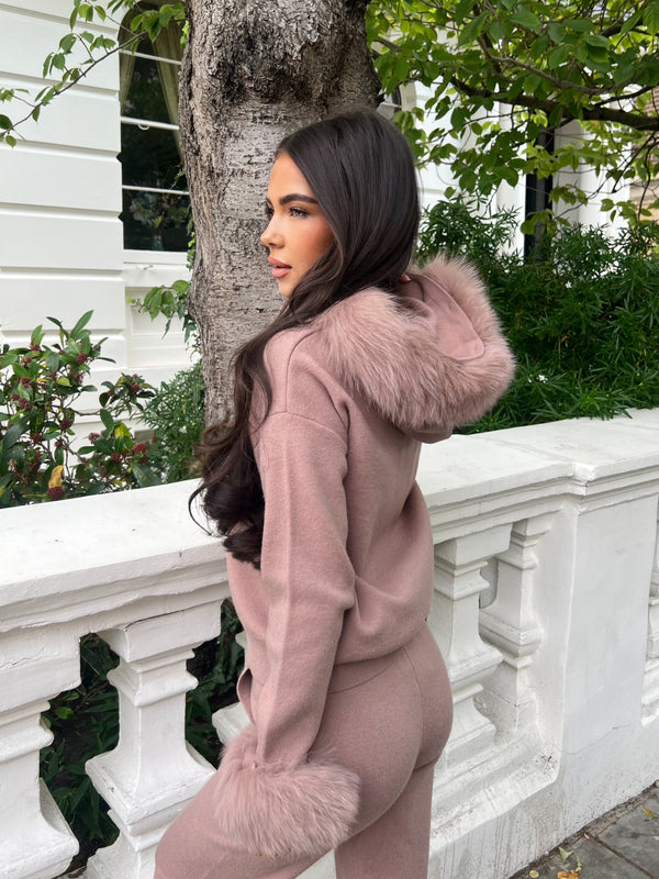 Taupe Luxury Fur Trim Hood & Cuff Jogger Tracksuit