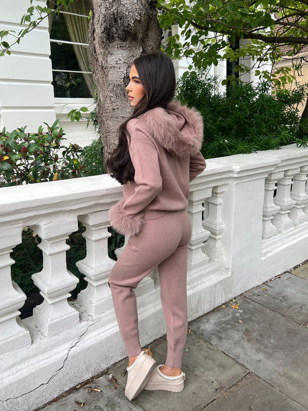 Taupe Luxury Fur Trim Hood & Cuff Jogger Tracksuit