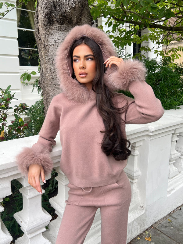Taupe Luxury Fur Trim Hood & Cuff Jogger Tracksuit