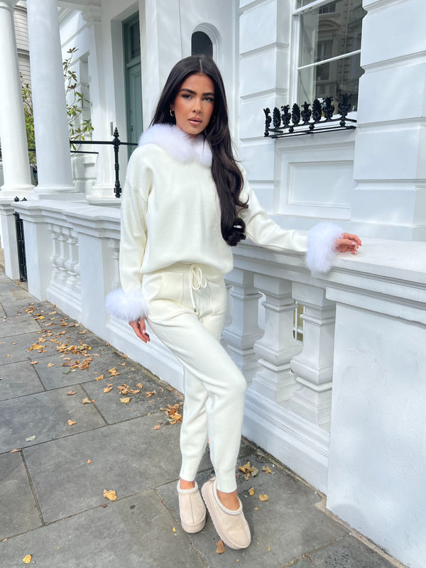 Cream Luxury Fur Trim Hood & Cuff Jogger Tracksuit