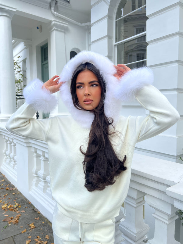 Cream Luxury Fur Trim Hood & Cuff Jogger Tracksuit