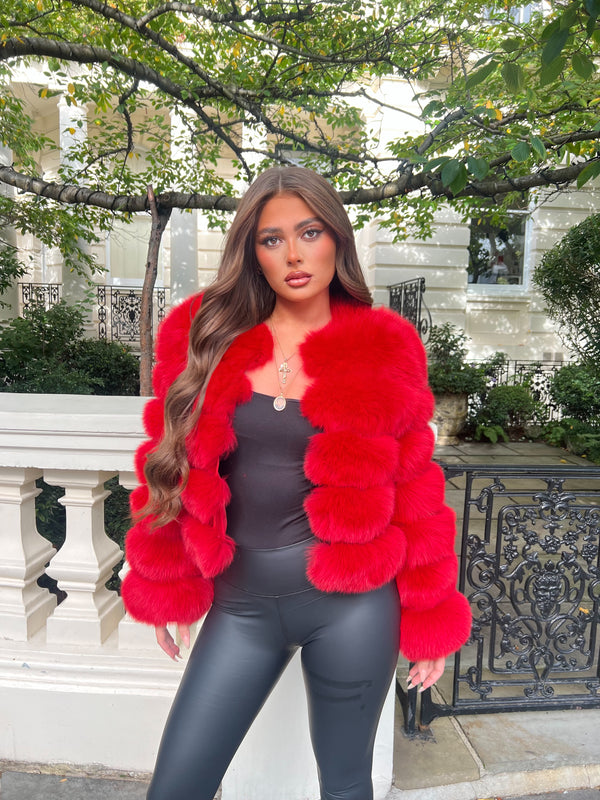Red Luxury Fur 5 Row Long Sleeve Jacket