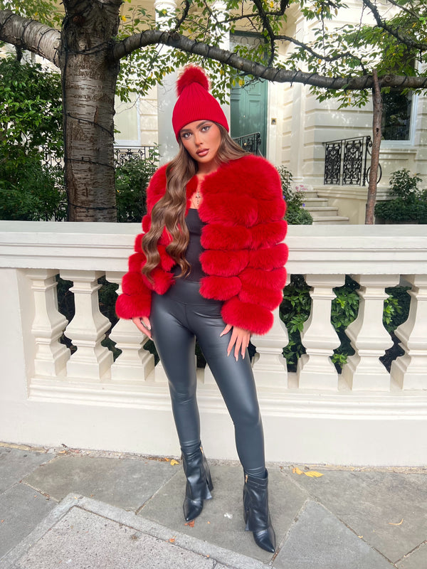 Red Luxury Fur Bobble Hat
