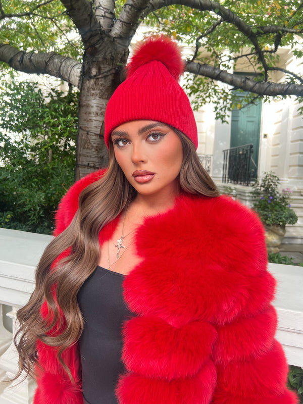 Red Luxury Fur Bobble Hat