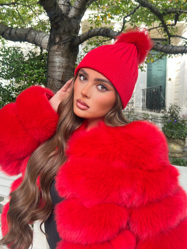 Red Luxury Fur Bobble Hat