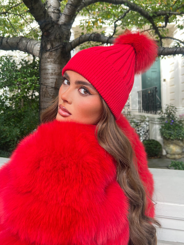 Red Luxury Fur Bobble Hat