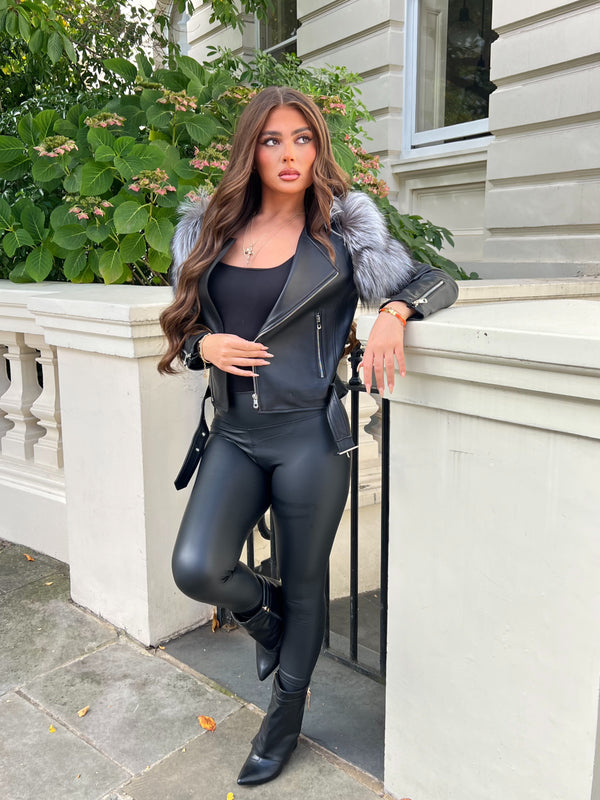 Black/Grey Collarless Luxury Fur Biker Jacket