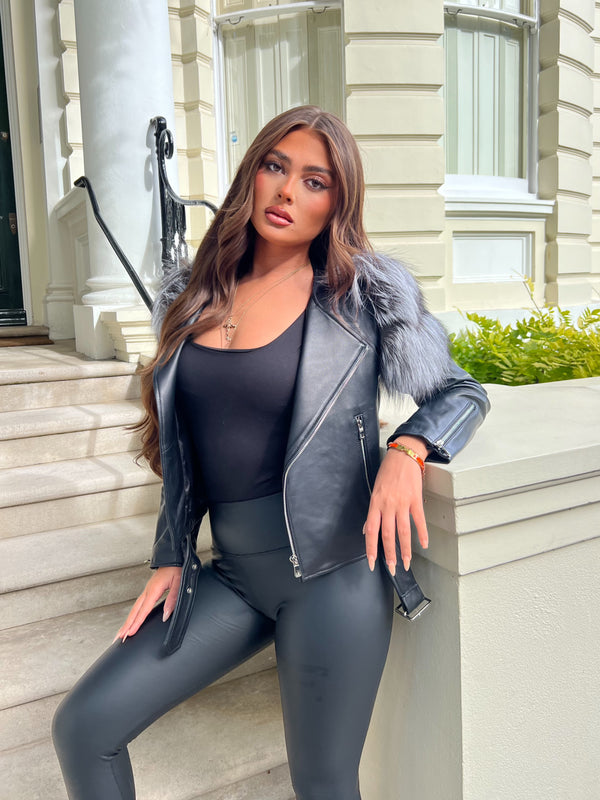 Black/Grey Collarless Luxury Fur Biker Jacket