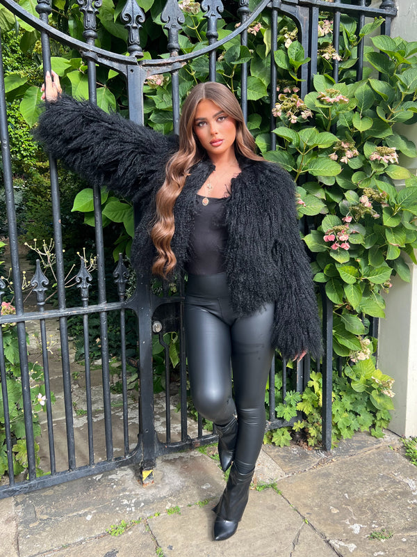 Black Luxury Mongolian Lamb Fur Coat