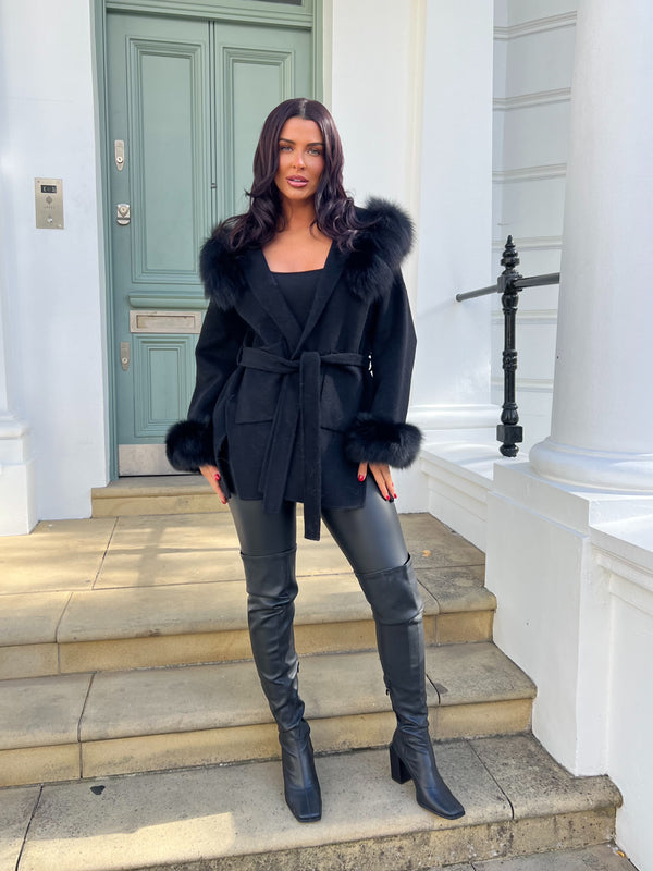 Black/Black Cashmere Coat With Fox Fur Trim